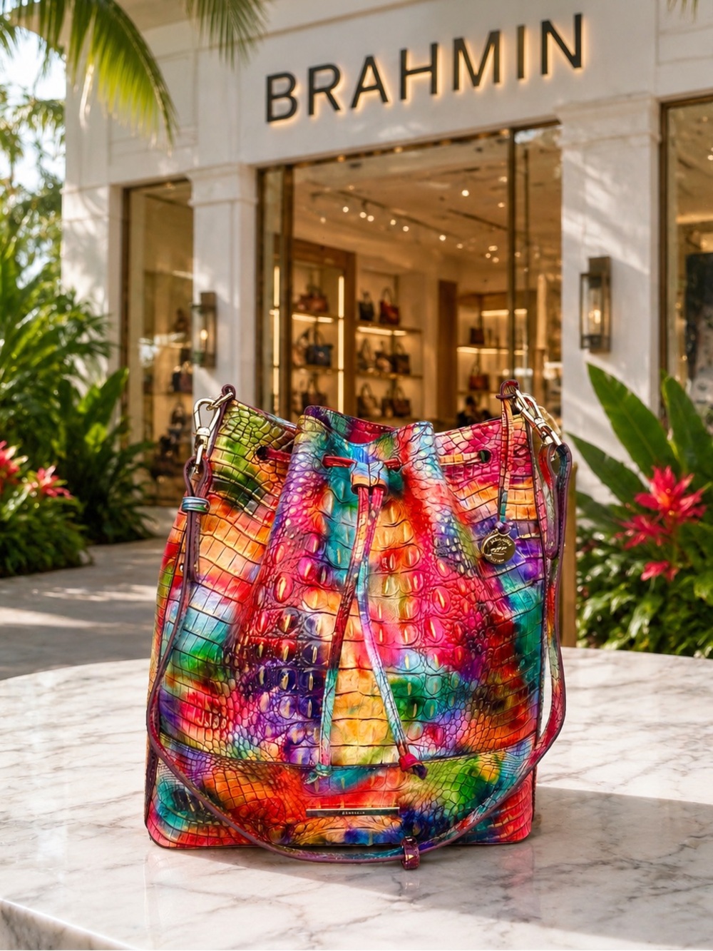 BRAHMIN Marlowe CrocEmbossed Leather BucketBag in Fallstruck Rainbow Colors NWOT - Picture 3 of 17
